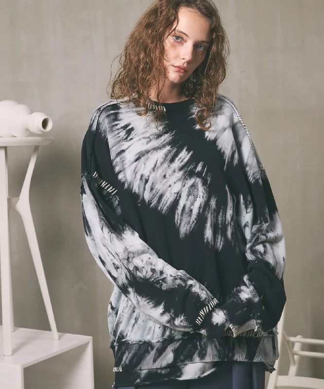 Steals and Deals Tie-Dye Bleach Hand Embroidery Prime-Over Crew Neck Sweat Pullover