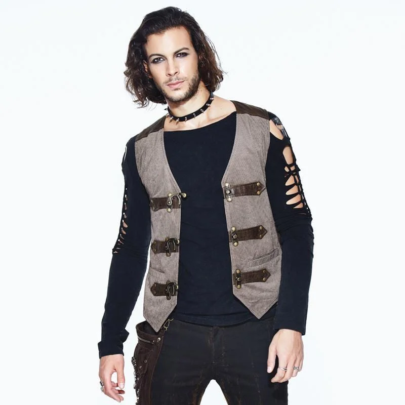 Weekend Savings Bonanza Men's Leather Trimmed Military Style Punk Vest