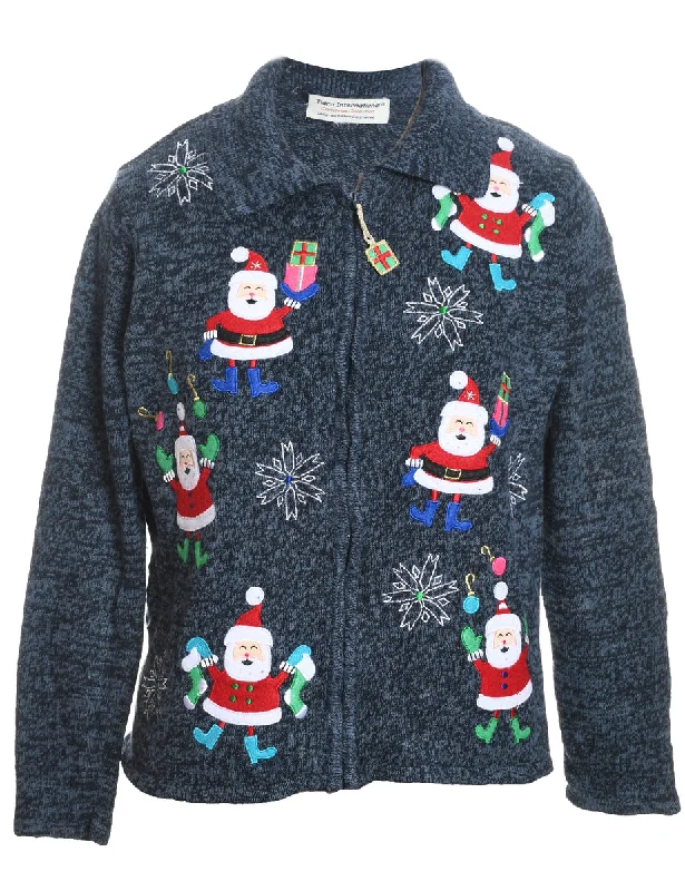 Santa Claus Navy Embroidered Christmas Cardigan - M