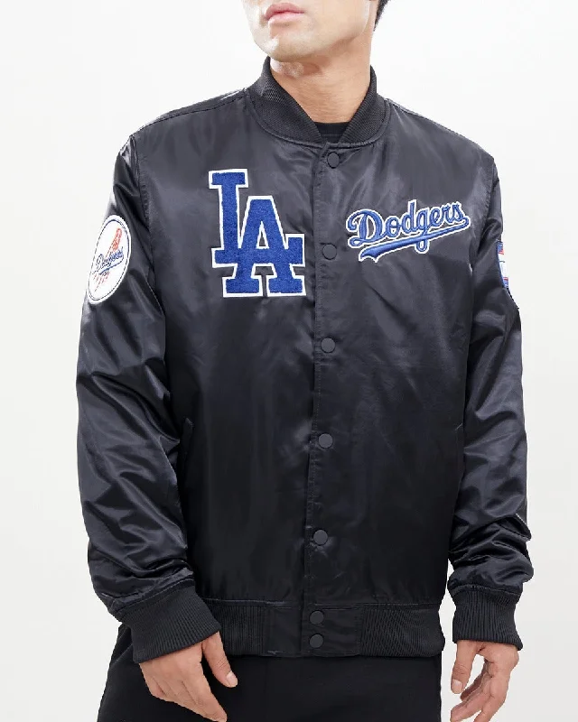 Overstock Sale MLB LOS ANGELES DODGERS CHEST HIT MEN'SLOGO SATIN JACKET (BLACK)