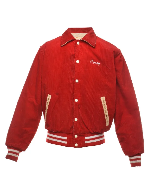 Quick Deals Red & Off-White Embroidered Corduroy Varsity Jacket  - S