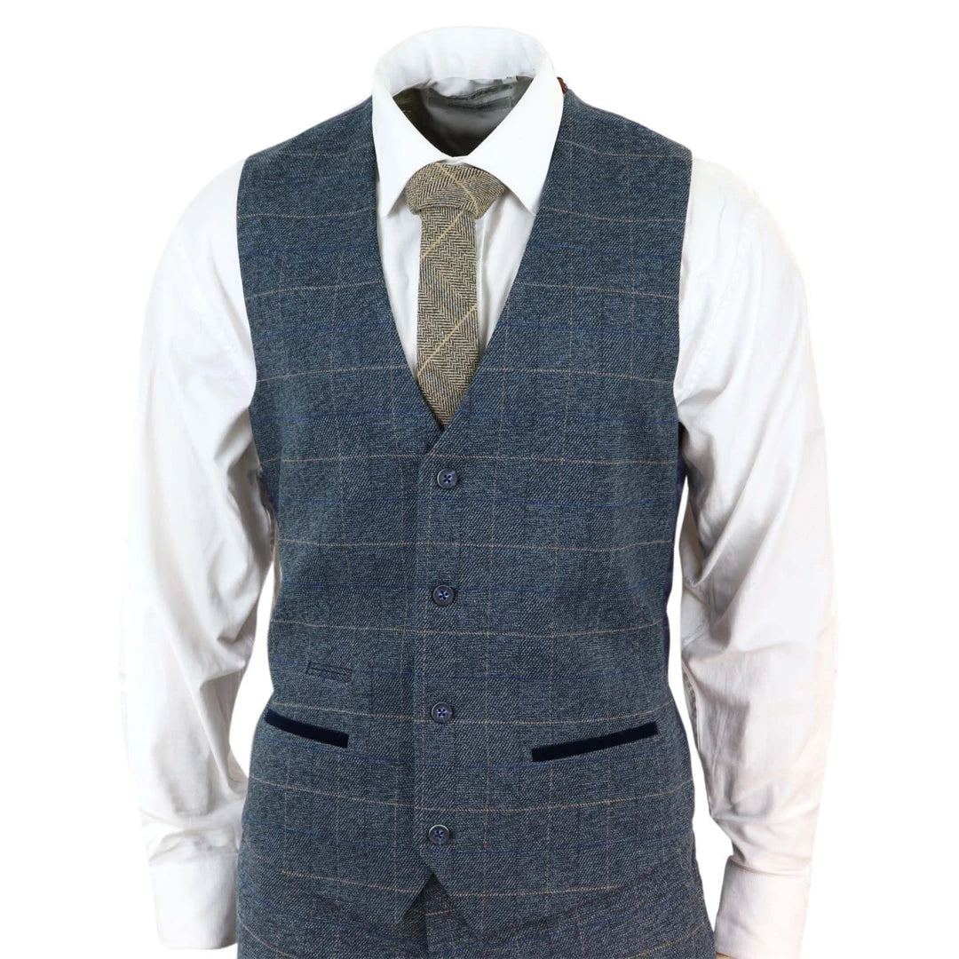 Mens Slim Fit Check Blue Scott Waistcoat Smart Casual Tweed Tan Check Navy