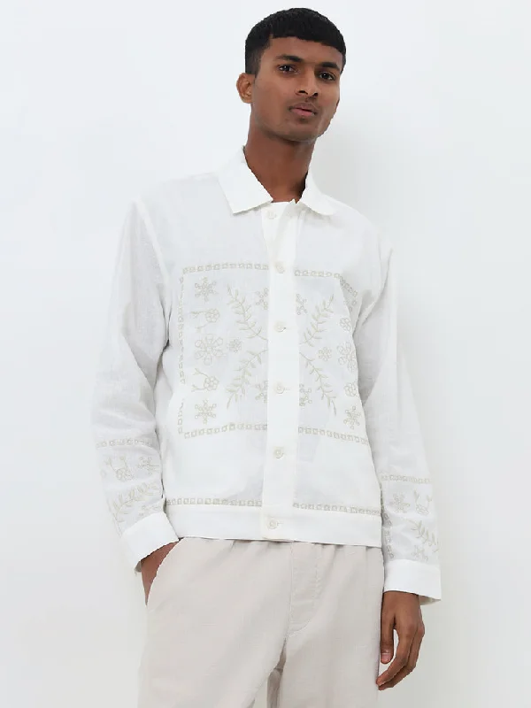 Hurry Up ETA White Floral Embroidered Relaxed-Fit Cotton Blend Shirt