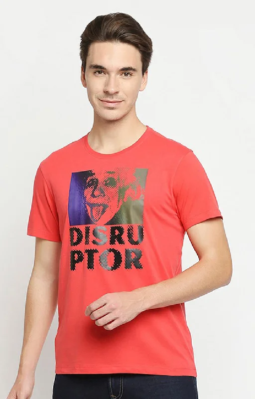 Early Bird Albert Einstein By Spykar Coral Cotton Printed Men T-Shirts