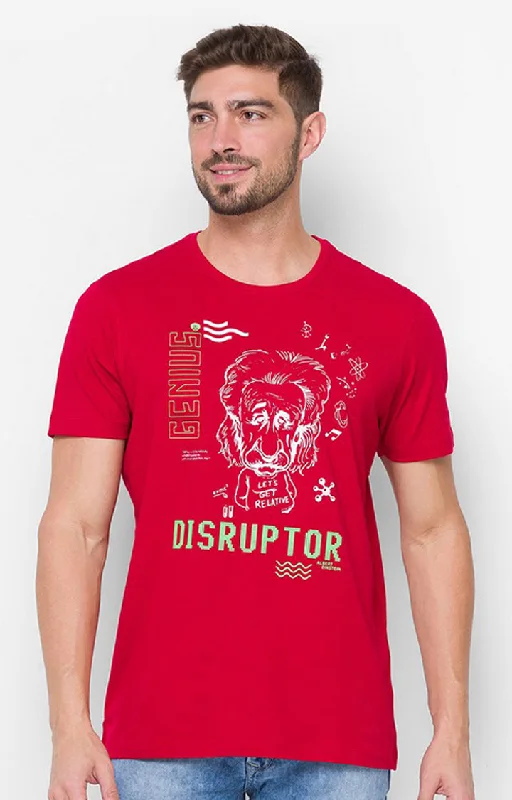 Extra Discount Albert Einstein By Spykar Red Cotton Slim Fit T-Shirt For Men