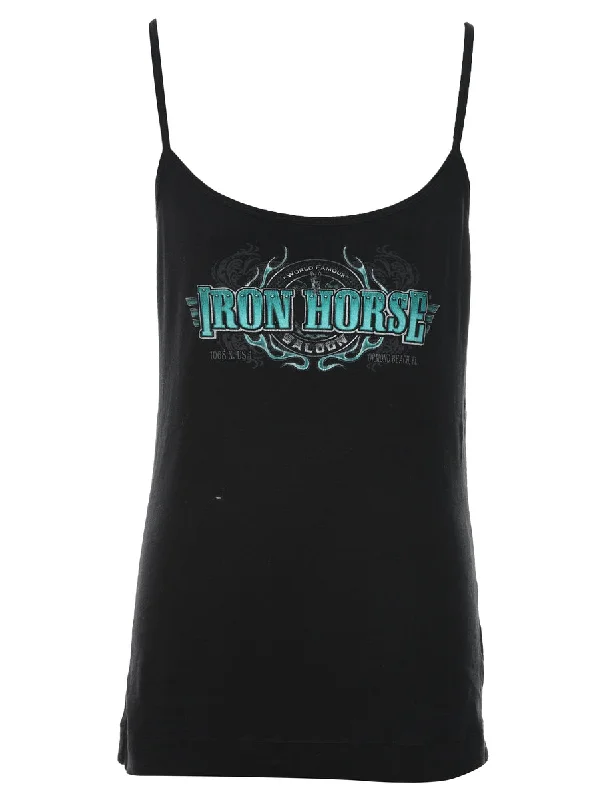 Weekend Discounts to Delight Black & Blue Strappy Iron Horse Saloon Printed Camisole - S Weekend Discounts to Delight Black & Blue Strappy Iron Horse Saloon Printed Camisole - S