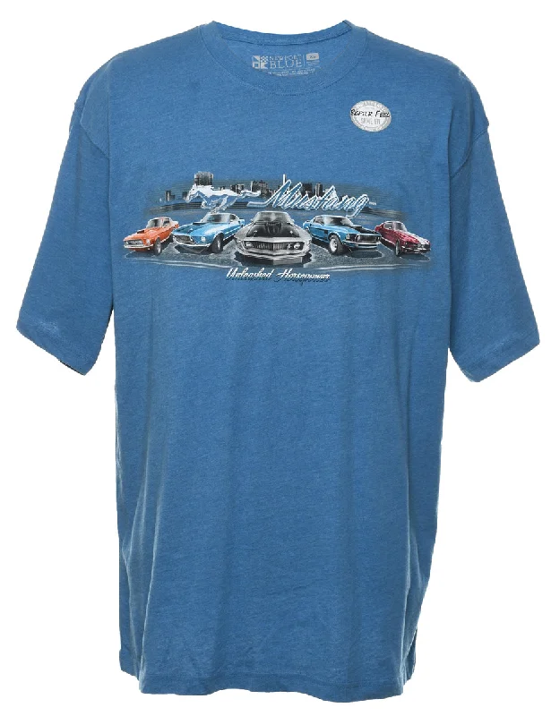 Weekend Discounts to Indulge In Blue Mustang Design Printed T-shirt - XL