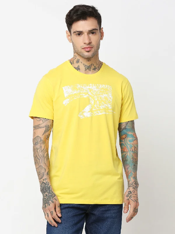 Don't Delay Spykar Men Yellow Cotton Slim Fit Round Neck Printed T-Shirt