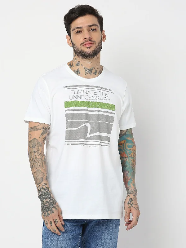 Savings Galore Spykar Men White Cotton Slim Fit Round Neck Printed T-Shirt