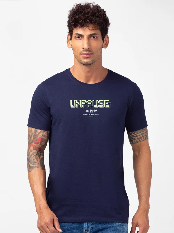 Lowest Price Spykar Men Navy Blue Cotton Slim Fit Round Neck Printed T-Shirt