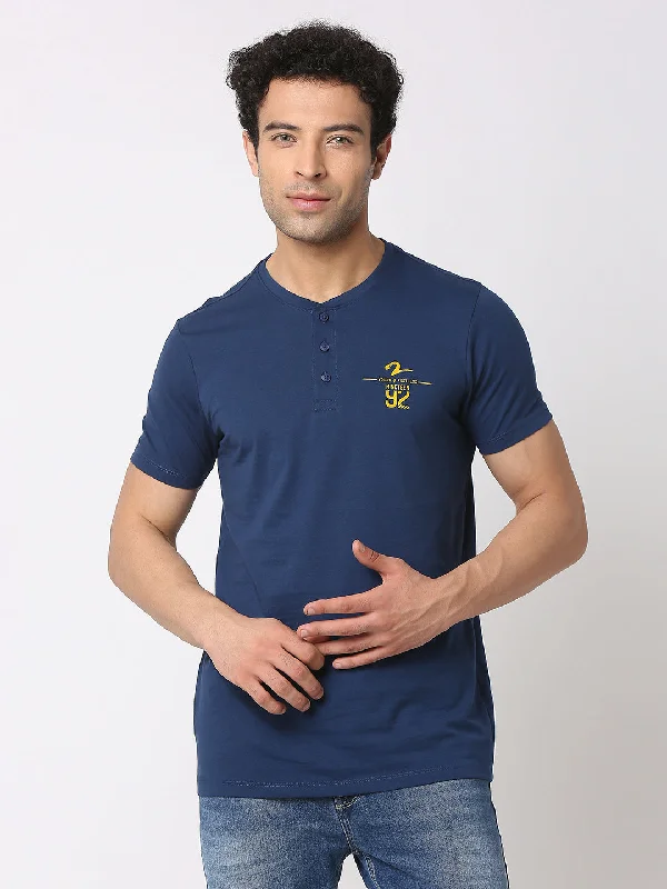 Shop the Weekend Away Spykar Men Indigo Blue Cotton Slim Fit Henley Neck Plain T-Shirt