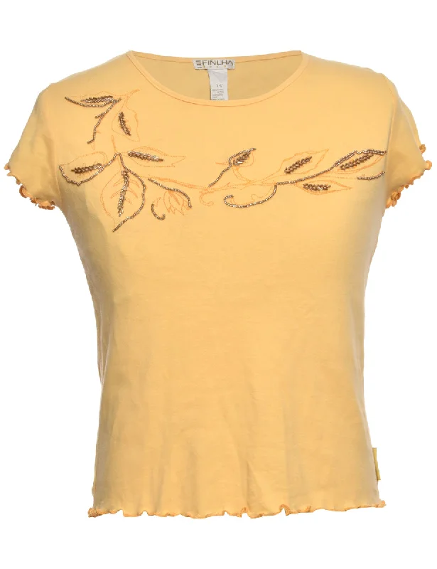 Weekend Specials to Savor Embellished Yellow Printed T-shirt - S