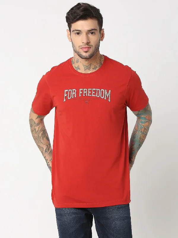 Super Deal Spykar Men Burnt Orange Cotton Regular Fit Round Neck Printed T-Shirt