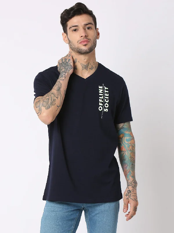 The Best Prices Spykar Men Navy Blue Cotton Regular Fit V-Neck Printed T-Shirt