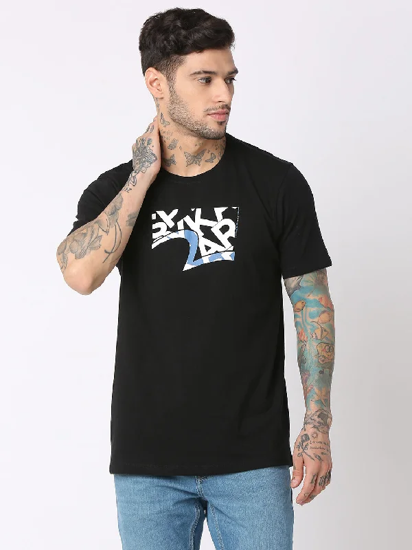 Steals and Deals Spykar Men Black Cotton Regular Fit Round Neck Printed T-Shirt