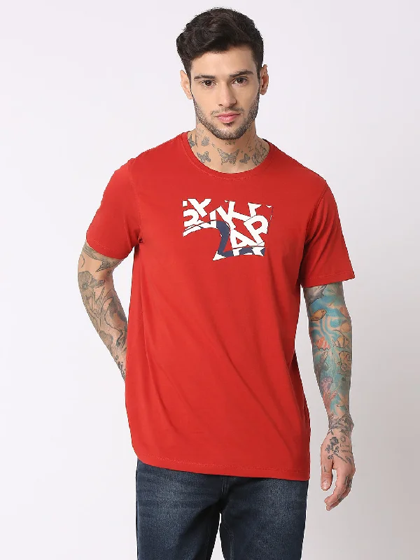 Online Exclusive Spykar Men Burnt Orange Cotton Regular Fit Round Neck Printed T-Shirt