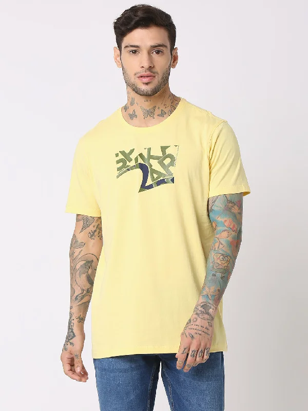 Value Deals Spykar Men Powder Yellow Cotton Regular Fit Round Neck Printed T-Shirt