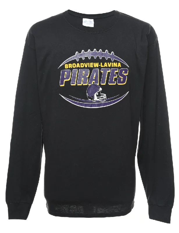 Flash Sale Long Sleeved Black, Purple & Yellow Pirates Design Printed T-shirt - L