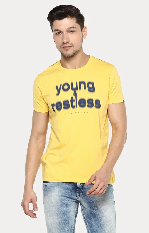 Extra Savings Spykar Yellow Printed Slim Fit Men T-Shirts