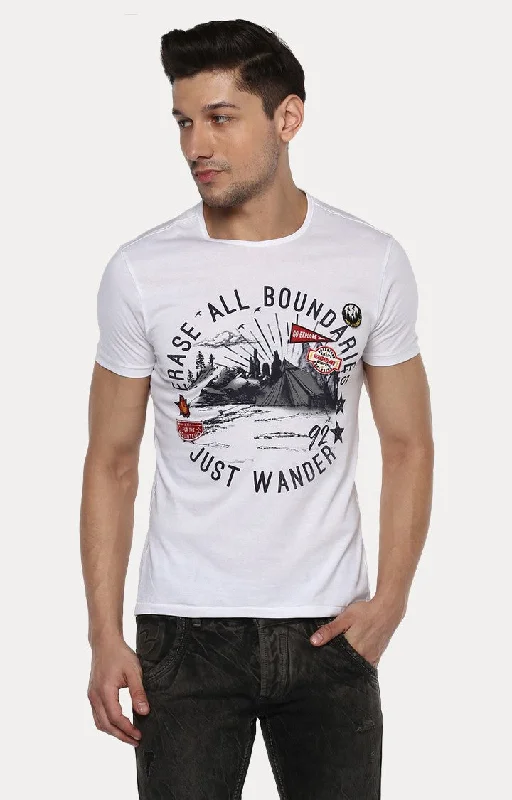 Instant Deal Spykar White Printed Slim Fit Men T-Shirts