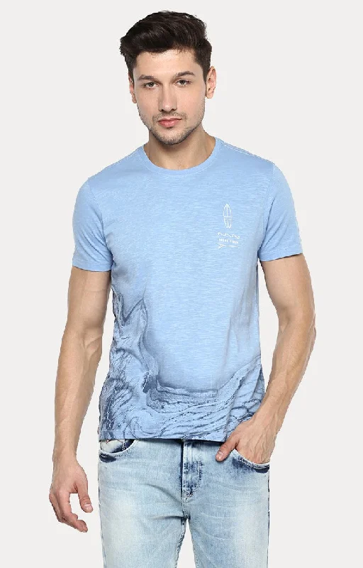 Don't Delay Spykar Blue Printed Slim Fit Men T-Shirts