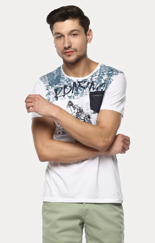 Big Savings Spykar White Printed Slim Fit Men T-Shirts