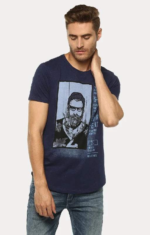 Savings Event Spykar Navy Blue Printed Slim Fit Men T-Shirts