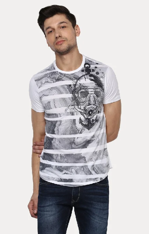 Take Advantage Spykar White & Grey Printed Slim Fit Men T-Shirts