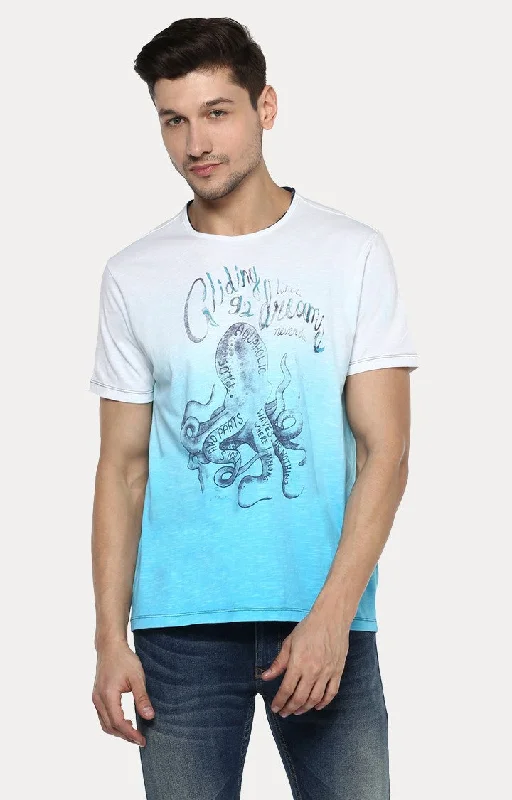 Weekend Savings Bonanza Spykar White & Blue Printed Slim Fit Men T-Shirts