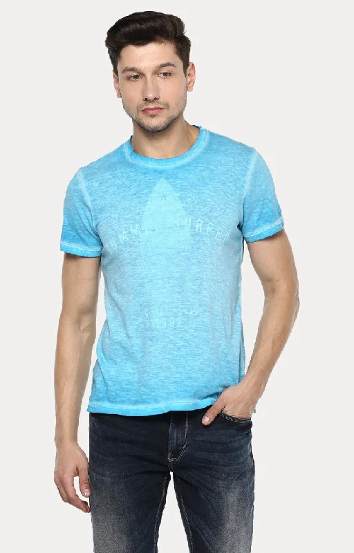 Weekend Specials You Can't Miss Spykar Light Blue Printed Slim Fit Men T-Shirts