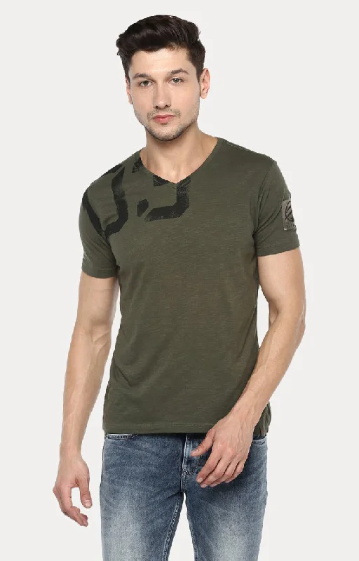 Early Bird Spykar Green Melange Slim Fit Men T-Shirts