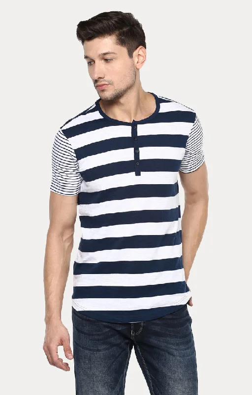 Take Advantage Spykar Navy Blue Striped Slim Fit Men T-Shirts