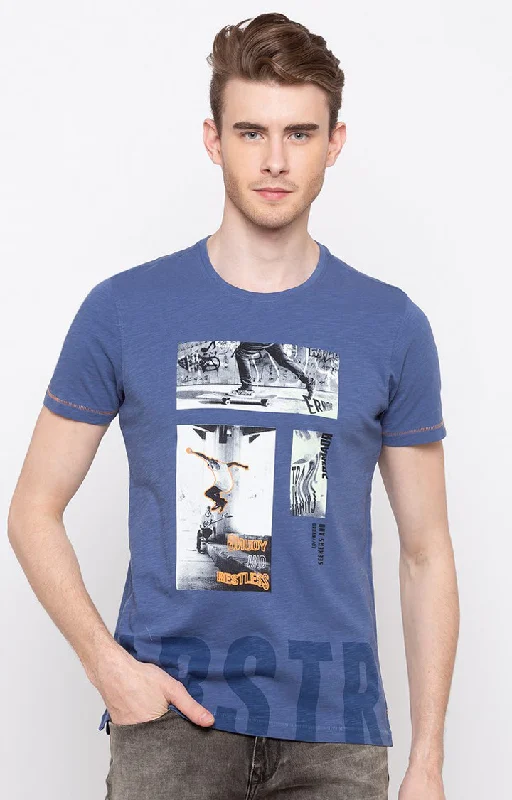Limited Offer Spykar Blue Printed Slim Fit Men T-Shirts