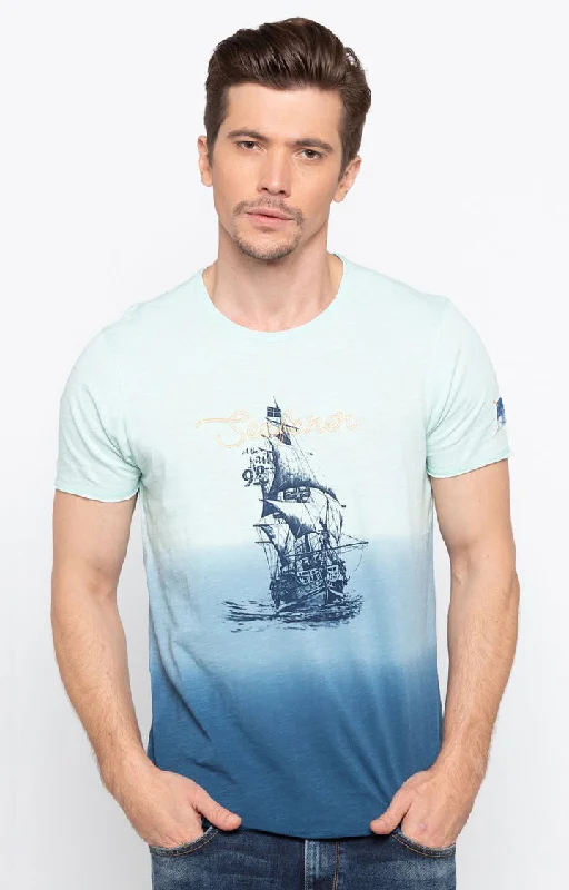 Price Slash Spykar Powder Blue Printed Slim Fit Men T-Shirts