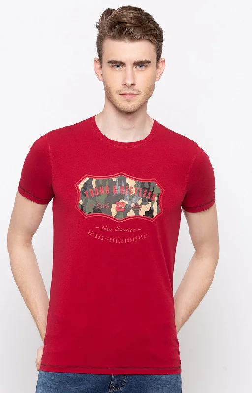 Year-End Clearance Spykar Red Printed Slim Fit Men T-Shirts