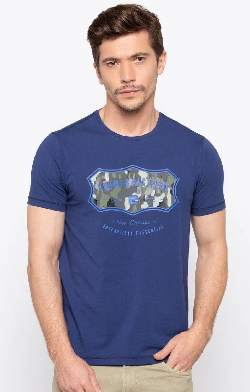 Massive Deal Spykar Royal Blue Printed Slim Fit Men T-Shirts