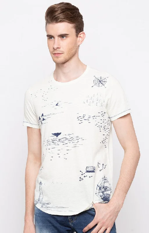 Weekend Specials to Enjoy Spykar Off White Printed Slim Fit Men T-Shirts