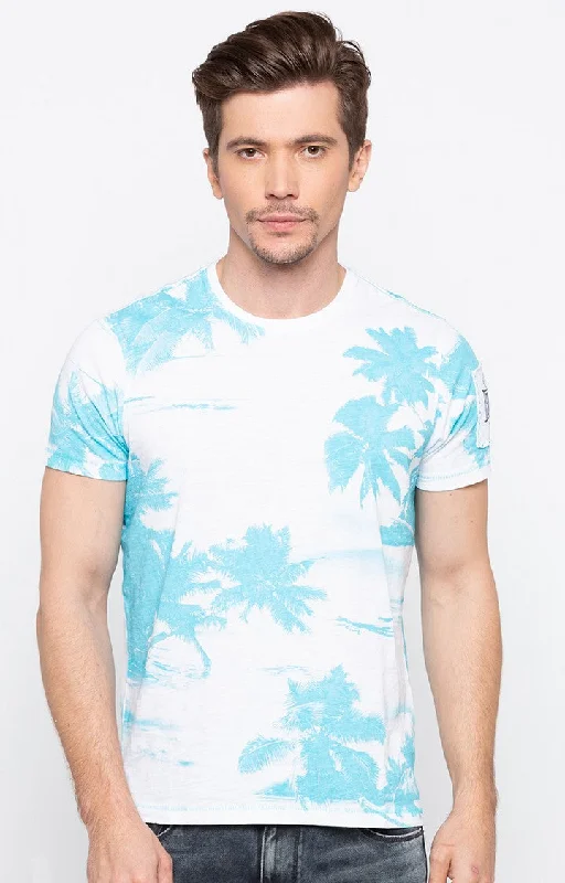 Shop Now Spykar Sky Blue Printed Slim Fit Men T-Shirts
