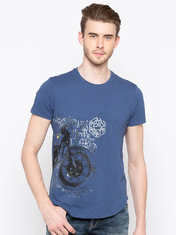 Spykar Blue Cotton Slim Fit T-Shirt For Men