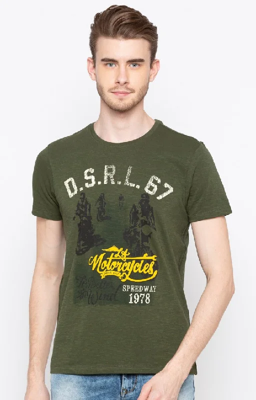 Early Access Spykar Olive Printed Slim Fit Men T-Shirts