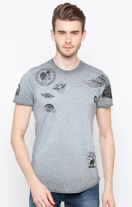 Weekend Savings Spree Spykar Grey Printed Slim Fit Men T-Shirts