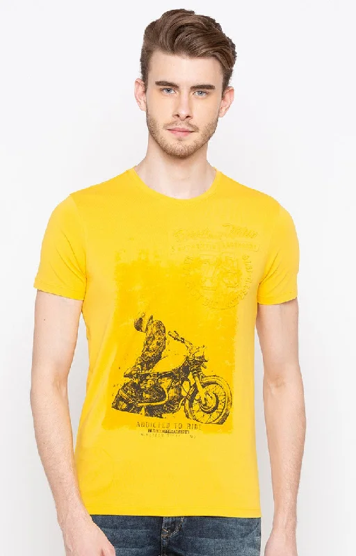 Weekend Savings Extravaganza Spykar Yellow Printed Slim Fit Men T-Shirts