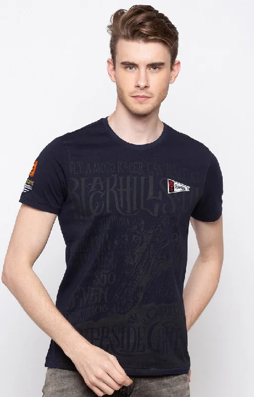 Weekend Specials to Enjoy Spykar Navy Printed Slim Fit Men T-Shirts