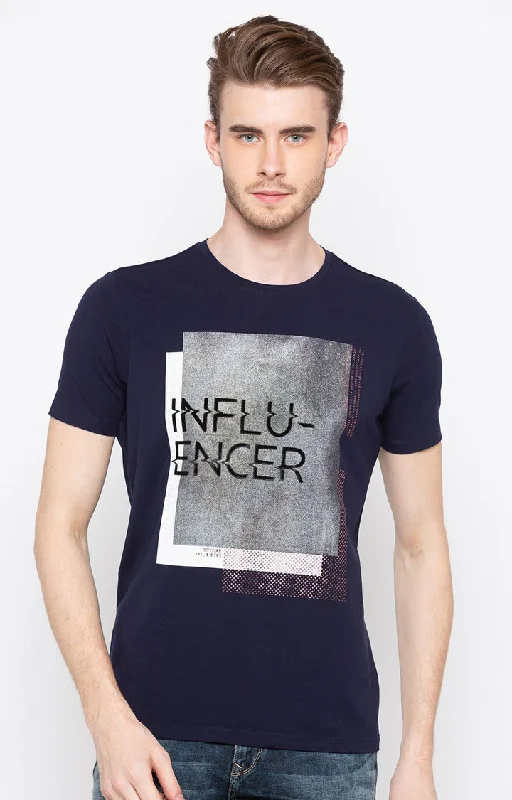 Now Available Spykar Navy Printed Slim Fit Men T-Shirts