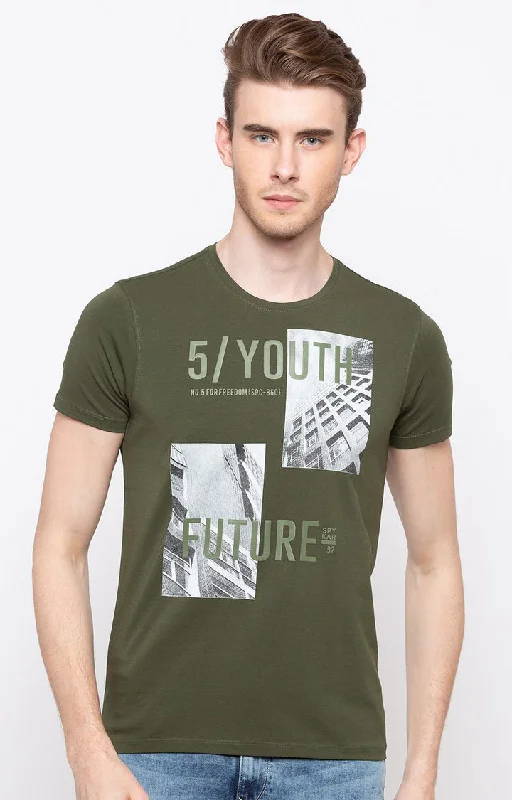 Huge Savings Spykar Olive Printed Slim Fit Men T-Shirts