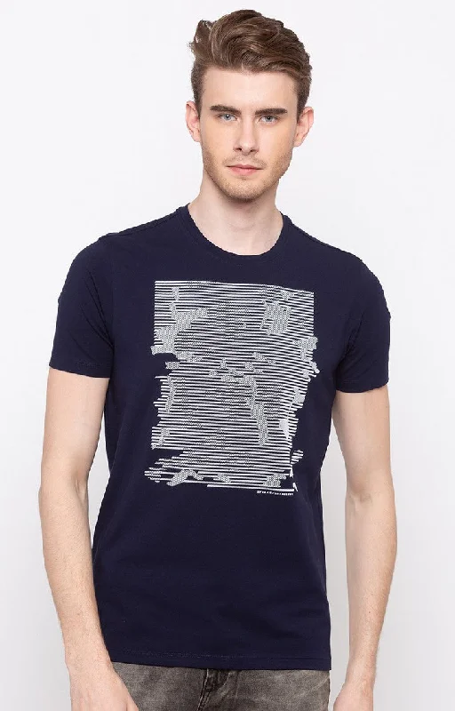 Special Discount Spykar Navy Printed Slim Fit Men T-Shirts