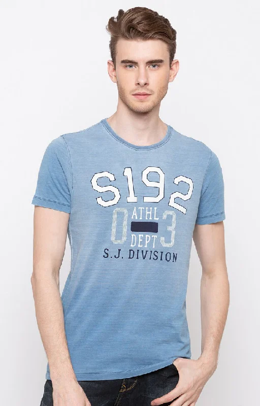 Weekend Deals That Thrill Spykar Light Indigo Printed Slim Fit Men T-Shirts