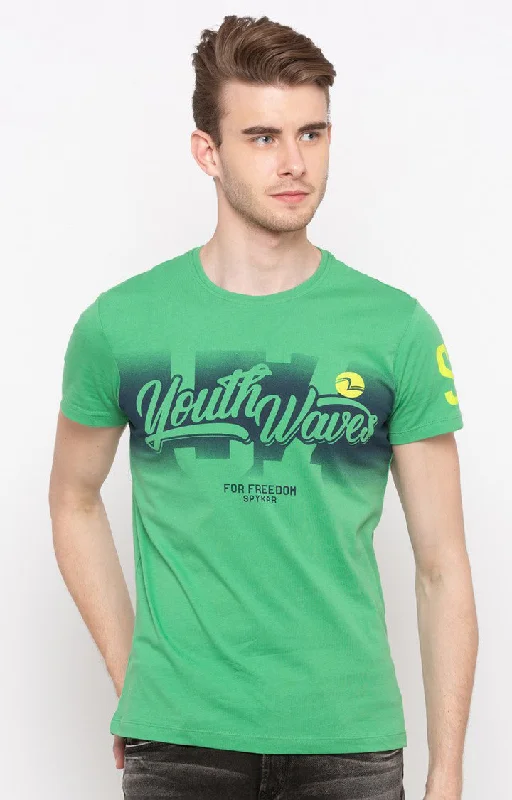 Massive Savings Spykar Green Printed Slim Fit Men T-Shirts