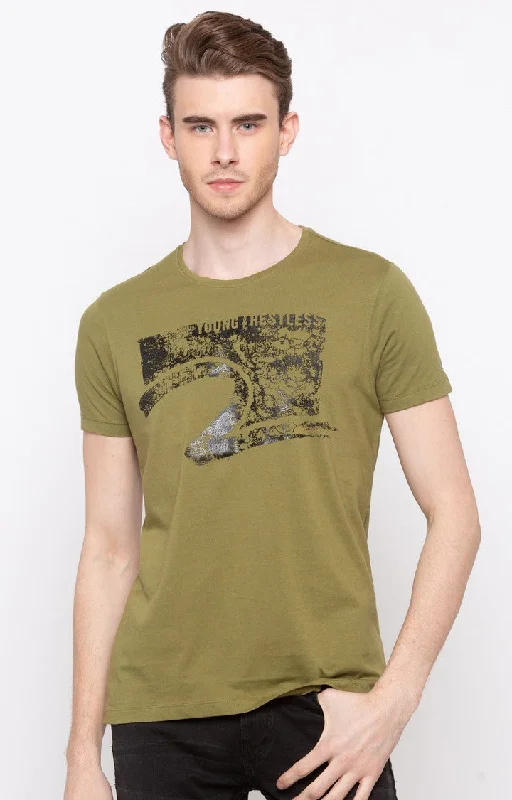 Weekend Discounts Worth Grabbing Spykar Olive Printed Slim Fit Men T-Shirts