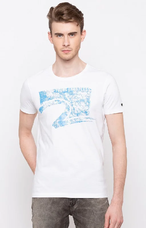 Time-Limited Offer Spykar White Printed Slim Fit Men T-Shirts